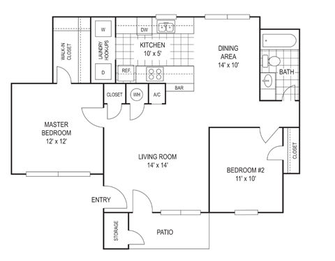 Floor plan for 2 beds, 1 bath, 935 sqft